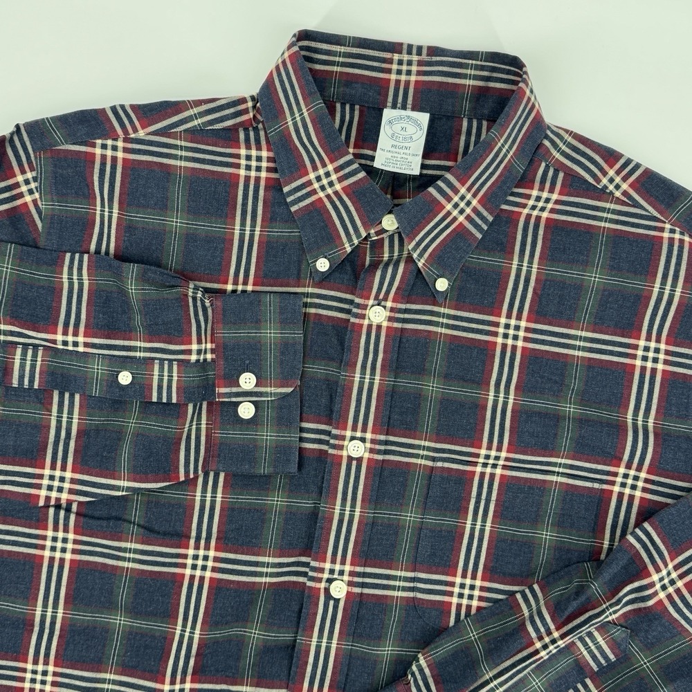 Brooks Brothers Regent Fit Plaid Button Down Shirt Mens XL Navy Red Green Cotton